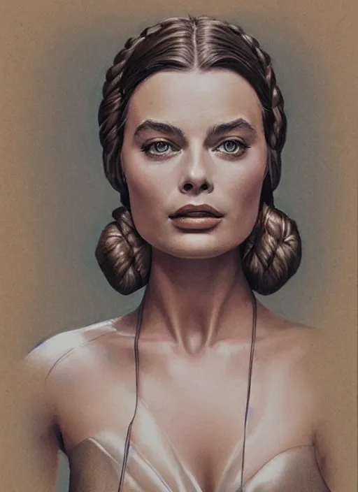 Image similar to Margot Robbie as Princess Leia, by artgerm, beautiful, mixed media on toned paper, 2021, very detailed, coffee art