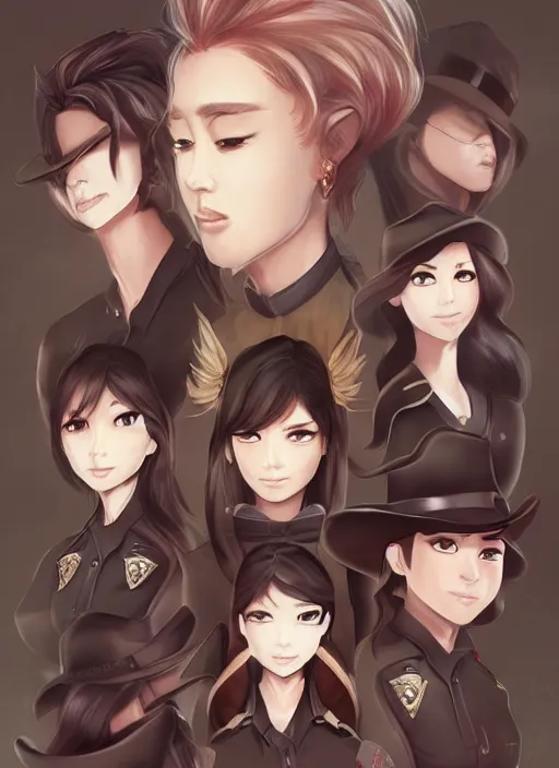 Prompt: full size persona, female sheriff, detailed faces, blank faces, style by huyy nguyen, art by huyy nguyen, demon slayer rui fanart