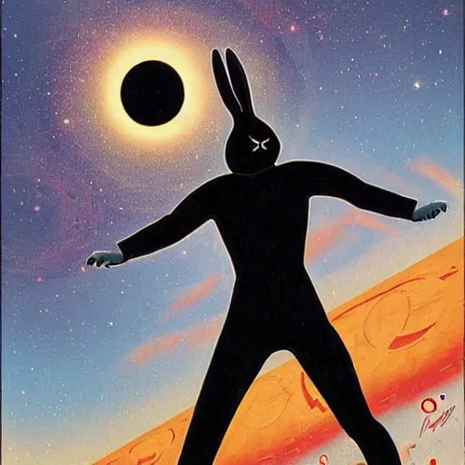 Prompt: A rabbit full of hope, looking for a black hole in an infinite time loop by Vincent Di Fate