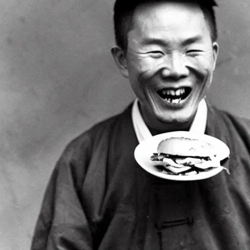 Prompt: a photo of a ecstatic man from qing empire eating a hamburger, award winning photo, high quality