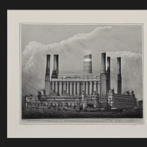 Prompt: A detailed engraving of a battersea power station in the style of gustave dore