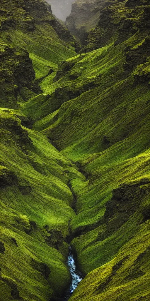 Prompt: dream looking through a hyper realistic photograph of a fertile lush canyon, minimal structure, misty, raining, meditative, icelandic valley, small stream, in the style of reuben wu, roger deakins
