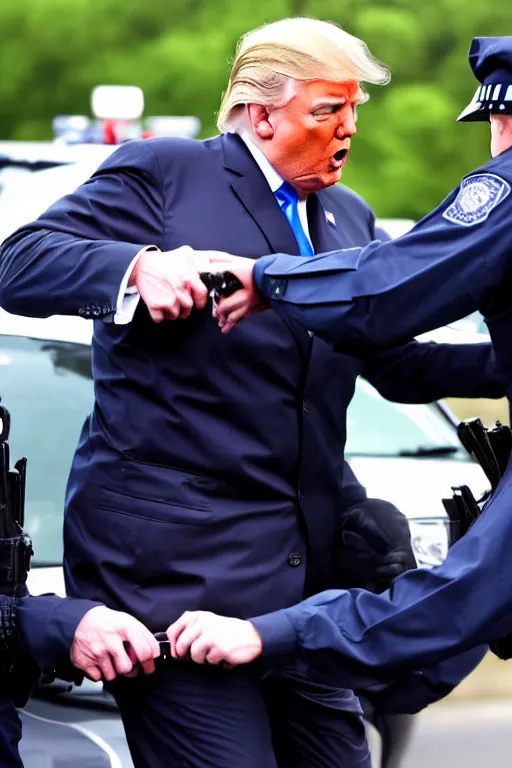 Image similar to donald trump being handcuffed by a police officer front of a police car, real life skin, intricate, high detailed, smooth, sharp focus