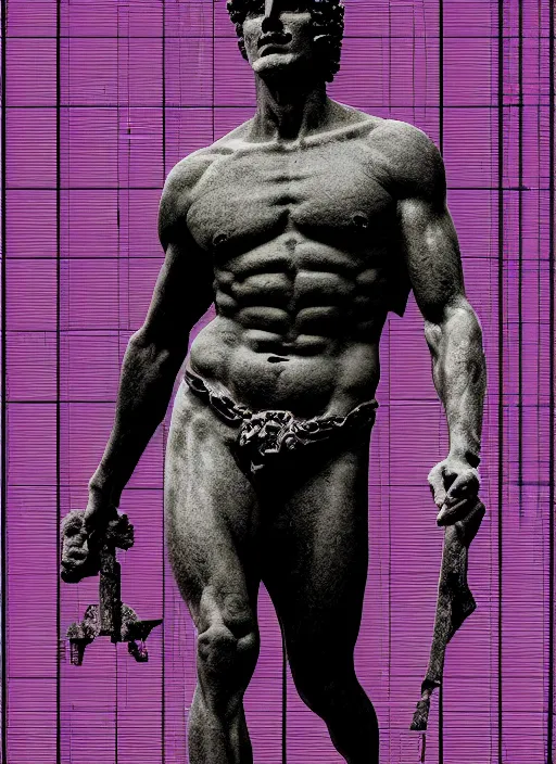 Prompt: black background, statue of hercules, ( ( ( skeleton ) ) ), grey, thin lines, dark, red and purple grid and lines, glitch art, neo vaporwave, gritty, movie poster, layout design, trending on artstation