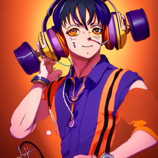 Image similar to Narancia Ghirga with headphones on, official art, key visual, very detailed, Jojo's Bizarre Adventure, digital art, artstation, 8K