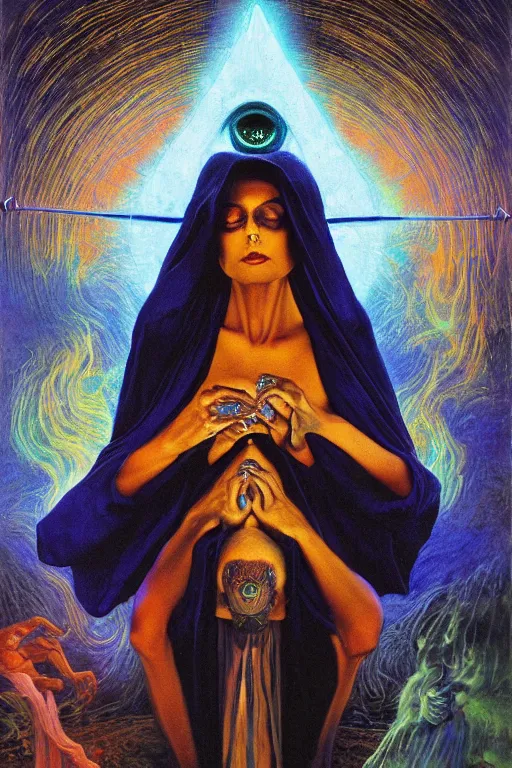 Image similar to gorgeous robed cult girl performing realism third eye ritual, dark theme night time, expanding electric energy waves into the ethereal realm, epic surrealism 8k oil painting, portrait, perspective, high definition, post modernist layering, by Ernst Fuchs, Gerald Brom