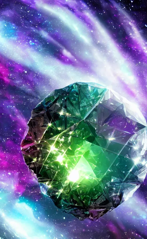 Image similar to Close-up of an iridescent crystal in space inside against the background of a time vortex, magic, fantasy, realism, beautiful, epic, dream, realism, photo, 8K, high quality, high resolution, HDR, 4K, lossless