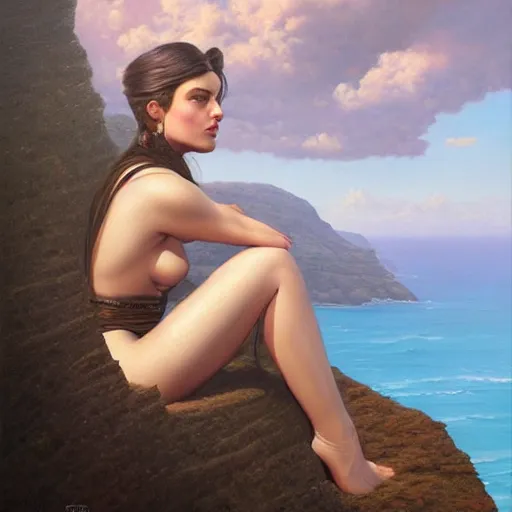 Prompt: a painting of a woman sitting on a cliff, a character portrait by clyde caldwell and tom bagshaw, cg society, fantastic realism, official art, 1 9 9 0 s, academic art