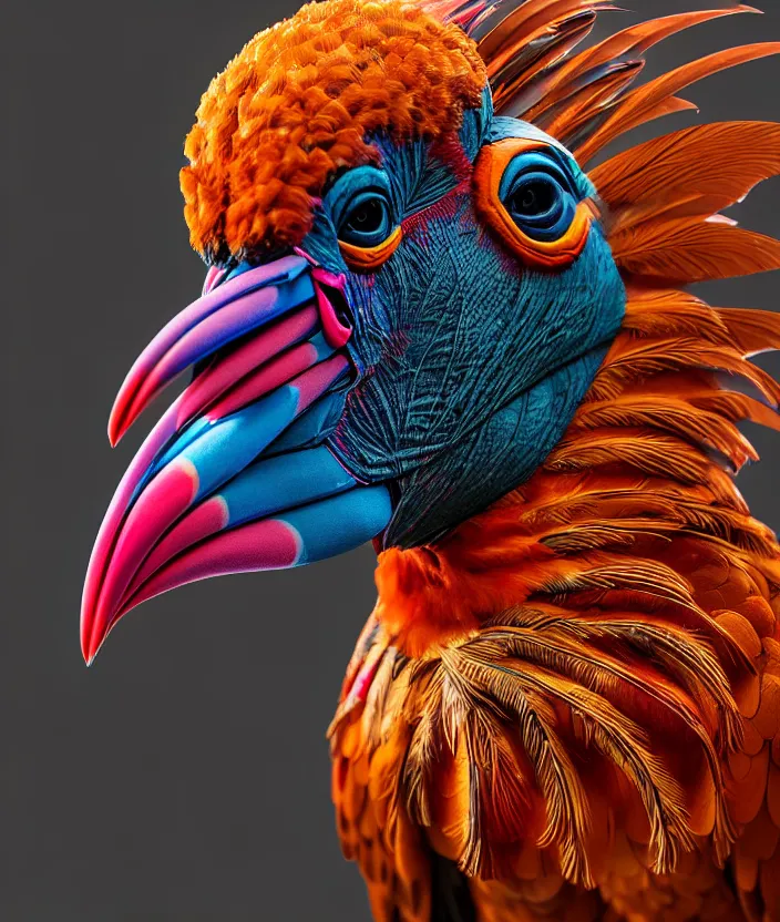 Image similar to a high resolution realistic photo portrait of a birdlike sculpture creature made of birds merged, creature wrinkles pheasant, feathers exotic morphing hoopoe, morphing wings king vulture head, global illumination, refraction, displacement map, bump map, normal map