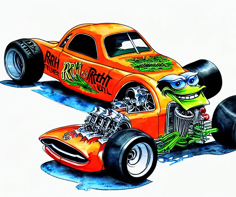 Image similar to roth's drag nut fuel, a pigeon driving a mega - suped - up - hotrod, oversized engine, ratfink style, ed roth, centered, watercolor pen illustration