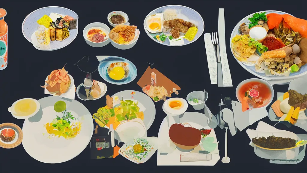 Image similar to tourist's meal on the bullet train, rural japan, a collage painting, in the style of wes anderson, lola dupre, david hockney, isolated on negative white space background dark monochrome neon spraypaint accents volumetric octane render