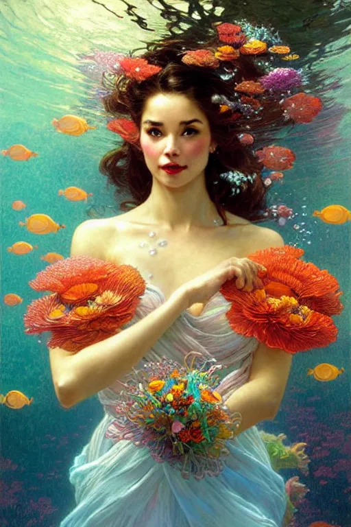 Image similar to portrait of a beautiful mysterious woman holding a bouquet of flowing flowers, small bubbles from her mouth, hands hidden under the bouquet, submerged underwater filled with colorful small fish and coral reef, fantasy, regal, intricate, by stanley artgerm lau, greg rutkowski, thomas kindkade, alphonse mucha, loish, norman rockwell