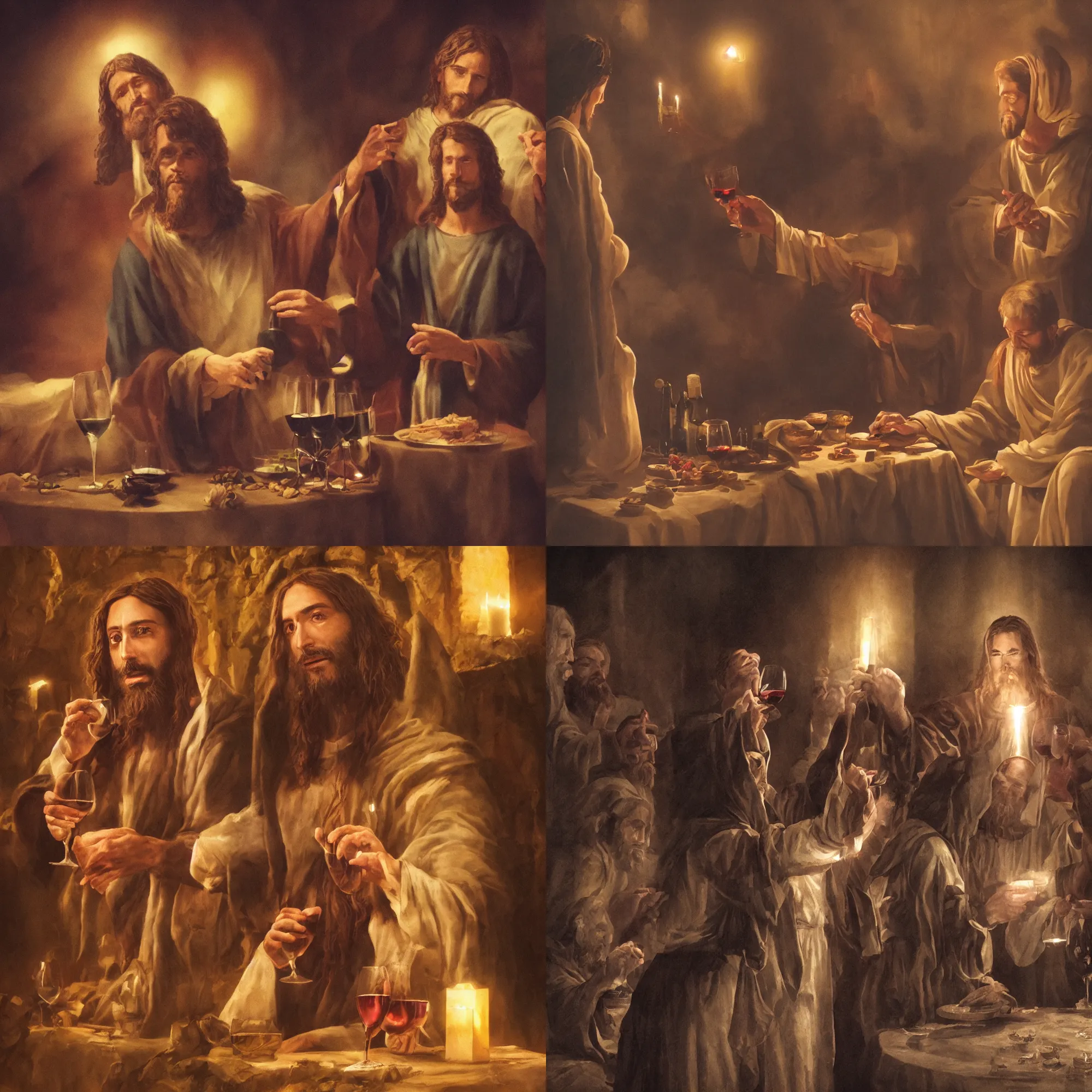 Prompt: Jesus Christ drinking wine and eating Sacramental bread in a church, cinematic lighting, digital art, extremely detailed