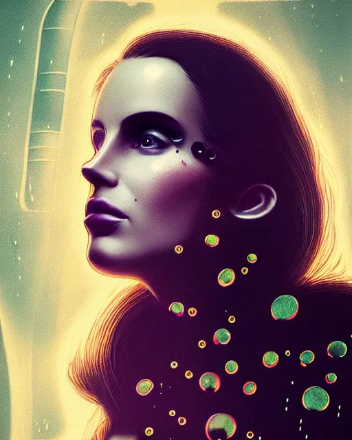 Image similar to portrait of lana del rey as a cyberpunk cyborg. sci - fi intricate abstract. intricate artwork, tear drops, roses, by tooth wu, wlop, beeple, dan mumford. concept art, octane render, trending on artstation, greg rutkowski, asymmetrical, cinematic arthouse, key art, hyper realism, iridescent accents