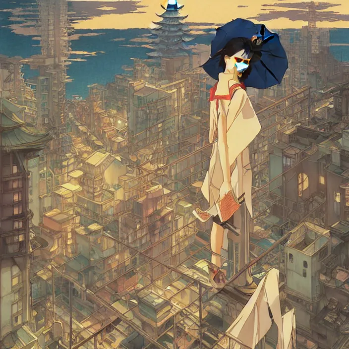 Image similar to japanese big city, summer, in the style of studio ghibli, j. c. leyendecker, greg rutkowski, artem