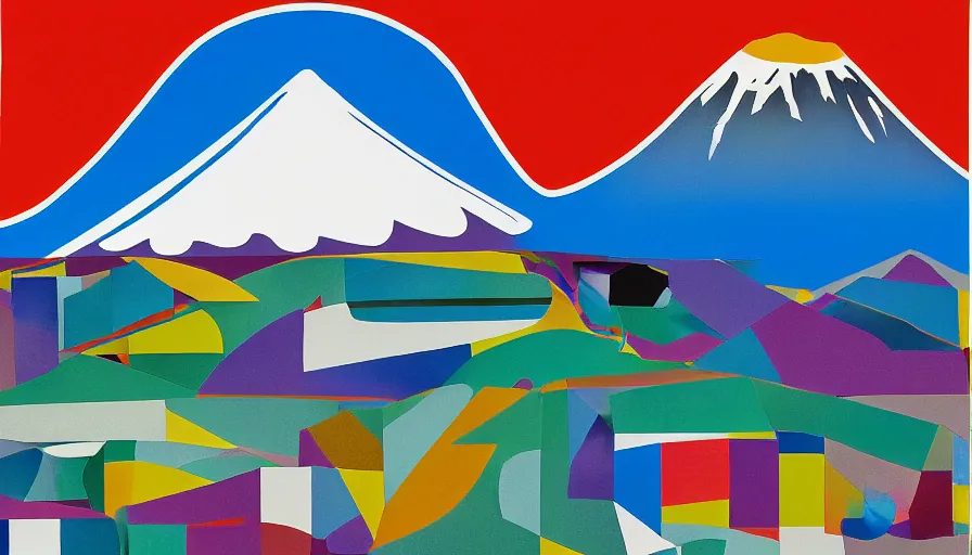 Prompt: award winning graphic design poster, cutouts constructing an contemporary art depicting a lone mount fuji in the distance behind a mountain range isolated on white, rural splendor, and bountiful crafts, local foods, edgy and eccentric abstract cubist realism, composition confined and isolated on white, mixed media painting by Leslie David and Lisa Frank for juxtapose magazine