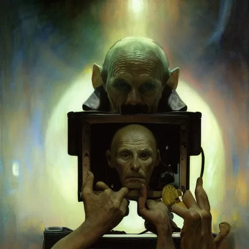 Prompt: hyperrealist portrait of an ancient old alien man with large cruel intelligent eyes and a huge head standing in front of a computer interface by jeremy mann and alphonse mucha and alan lee, fantasy art, photo realistic, dynamic lighting, artstation, poster, volumetric lighting, very detailed faces, award winning, full face, symmetry