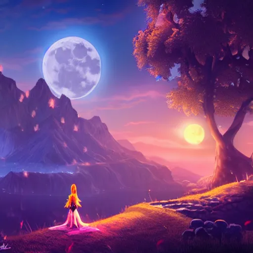 Prompt: zelda under the moon in a romantic scene, fantasy style, octan render, ultra realistic, beautiful nightscene