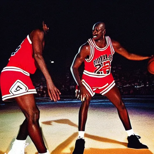 Prompt: Michael Jordan and Michael Jackson playing basketball, dramatic lighting