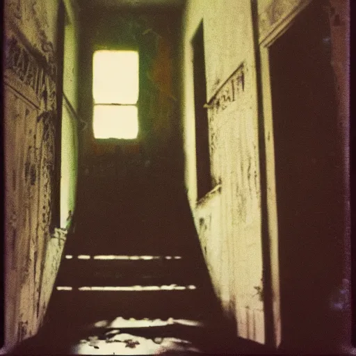 Prompt: the interior of a dark abandoned house with a creepy pale face at the top of a dark stairwell, old polaroid, blurry photo, expired film,