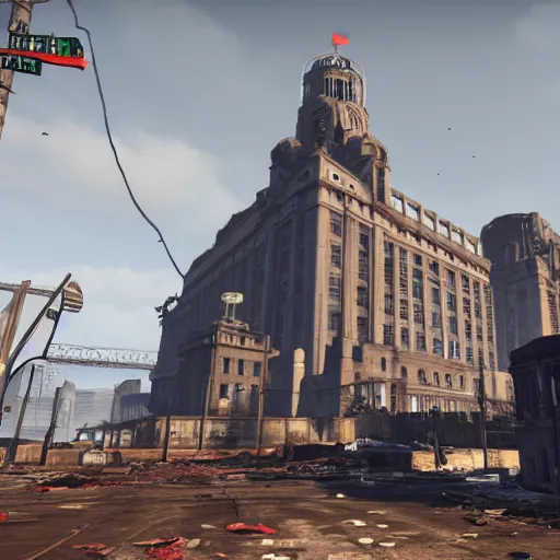 Image similar to royal liver building, liverpool in ruins post - nuclear war in fallout 4, in game screenshot