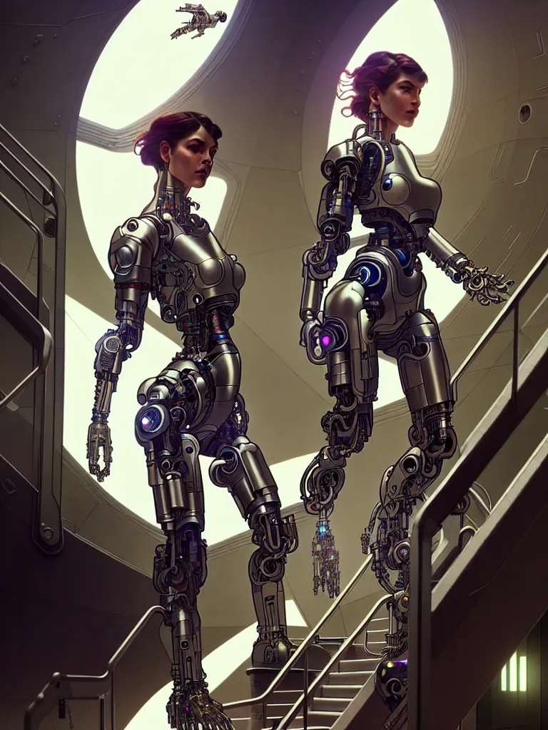 Prompt: ultra realistic, beautiful female cyborg walking down stairs, in a space metropolis, sci-fi, intricate details, eerie, highly detailed, octane render, 8k, art by artgerm and alphonse mucha and moebius