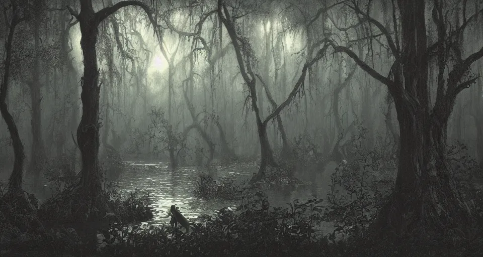 Prompt: A dense and dark enchanted forest with a swamp, by David A. Hardy