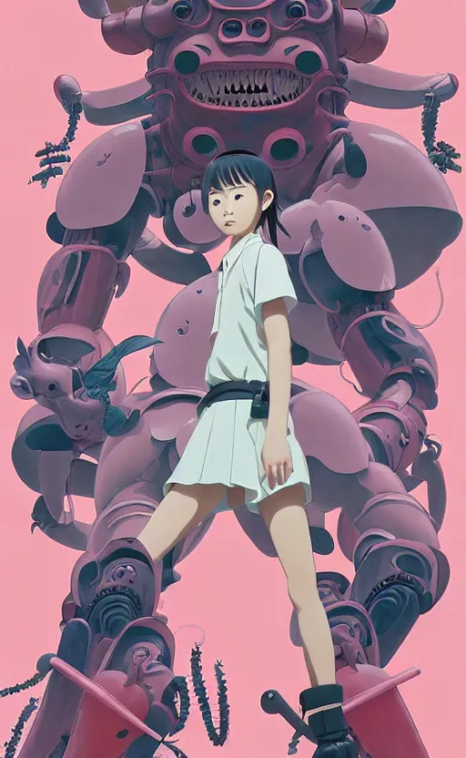 Image similar to Artwork by James Jean, Phil noto and hiyao Miyazaki; a young Japanese future samurai police girl named Yoshimi battles an enormous looming evil natured carnivorous pink robot on the streets of Tokyo; Japanese shops and neon signage; crowds of people running; Art work by studio ghibli, Phil noto and James Jean