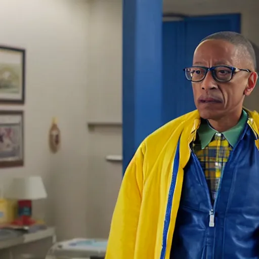 Image similar to gus fring in a blue varsity jacket with yellow sleeves, still from breaking bad