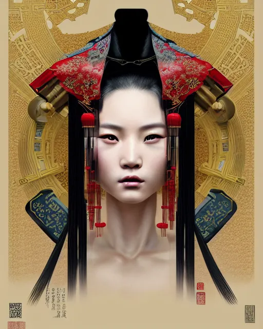 Prompt: portrait of a chinese cyberpunk machine, machine face, robed, upper half portrait, decorated with chinese opera motifs regal asian machine robot cyberpunk fine china, wuxia, traditional chinese art intricate intense elegant 京 剧 highly detailed digital painting artstation concept art smooth sharp focus illustration, art by artgerm and greg rutkowski alphonse mucha 8 k