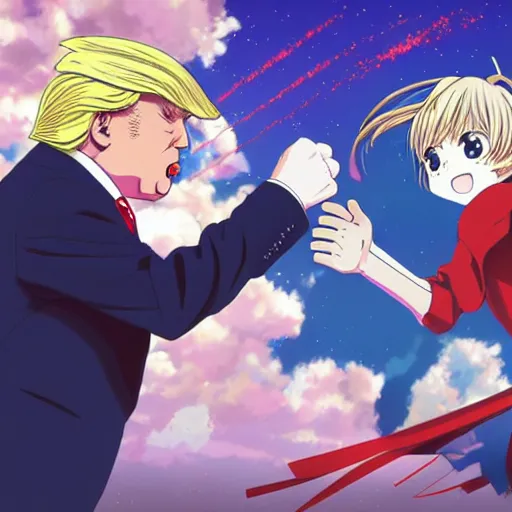 Prompt: “anime key visual of Donald trump fighting anime girls, pixiv”
