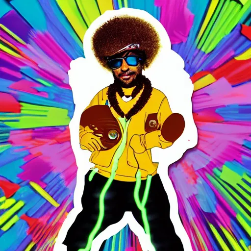 Image similar to svg sticker of a Dancing-Ben-Harper-Snoop-Spike-Lee-with-a-large-Afro-Puff, at a rave, spinning records, giant headphones rocking out, wearing headphones, huge speakers, dancing, rave, DJ, spinning records, digital art, amazing composition, rule-of-thirds, award-winning, trending on artstation, featured on deviantart