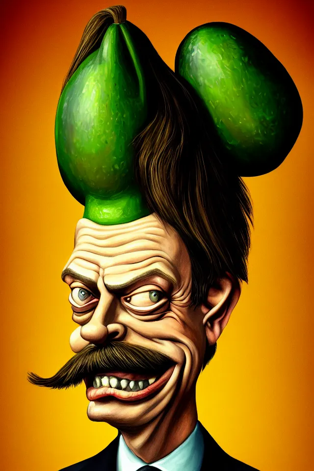 Image similar to caricature renaissance portrait of steve buscemi as a highly detailed respected dragonskinned avocado, fake mustache, dramatic cinematic lighting, 8 k, beautiful intricate painting