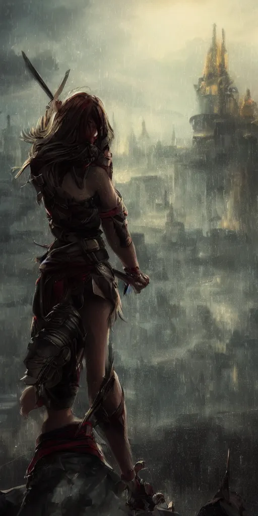 Prompt: back shot of one beautiful girl warrior gazing back, holding two swords. standing on wet road by wlop. artstation contest winner, cinematic paint. lower shot. dramatic cloud and ruined city in background.