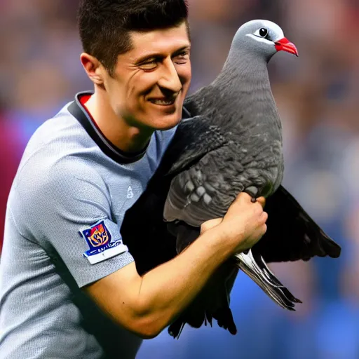Prompt: robert lewandowski hugging a pigeon in camp nou