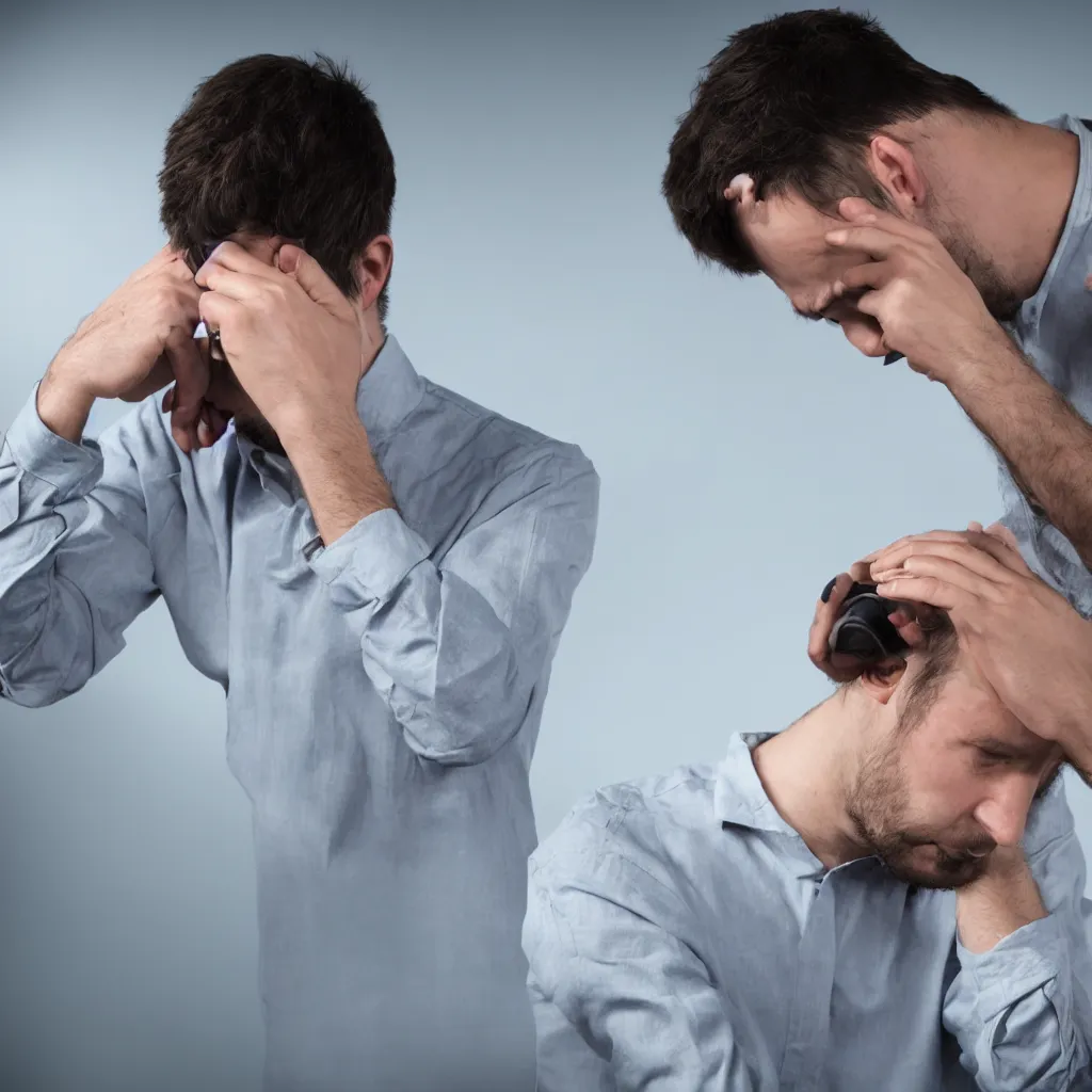 Prompt: an extremely stressed out programmer doing a rollback after a critical production failure, holding his head in despair, award winning 4 k photography with dramatic lighting