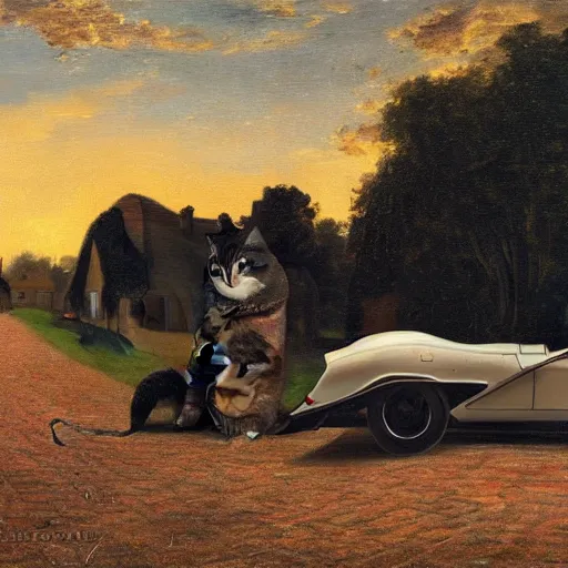 Image similar to corvette with cats sitting in and on the car, old dutch painting, golden hour, shadows, wide shot