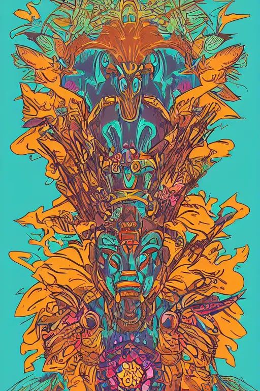 Image similar to animal mask totem roots flower tribal feather gemstone plant wood rock shaman vodoo video game vector cutout illustration vivid multicolor borderlands comics by josan gonzales and dan mumford radiating a glowing aura