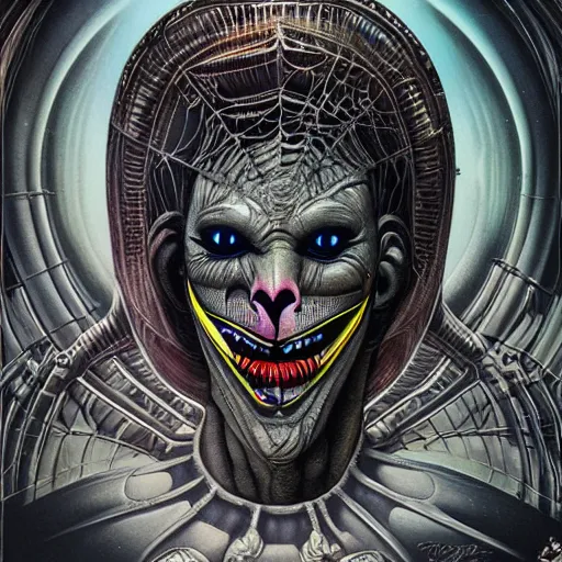 Image similar to giger fractal spider joker alien, by tristan eaton stanley artgerm and tom bagshaw.