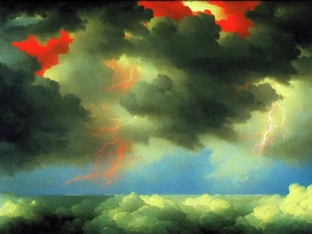 Prompt: lightning strikes a close up of a dark cloud with a cloudy sky blue and red and green colors by aivazovsky