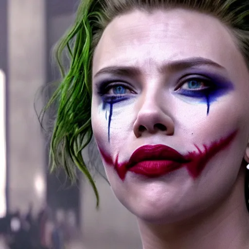 Image similar to awe inspiring Scarlett Johansen as The Joker 8k hdr