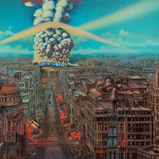 Prompt: nuclear bomb exploding in the center of a city, massive destruction, 1 9 2 0 ’ s colored pencil, highly detailed, highly accurate, deep aesthetic, 8 k, highly ornate intricate details, cinematic lighting, rich colors, ray tracing, hyperrealistic, photorealistic, cinematic landscape, trending on artstation,