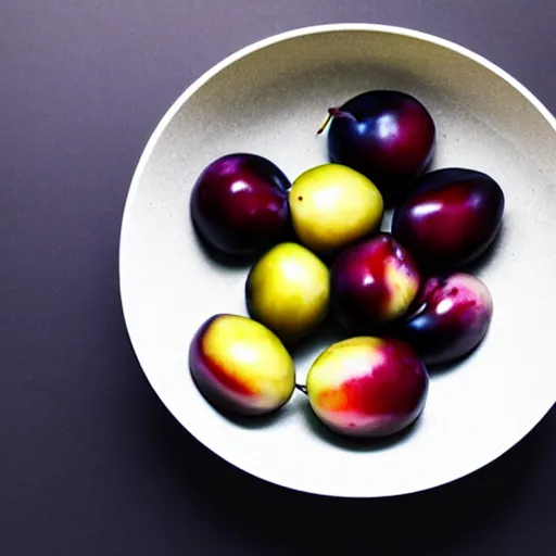 Image similar to photo of a thick porcelain bowl filled with a few moist freshly picked plums on a wooden table. volumetric lighting. 4 k. small scale. realistic.