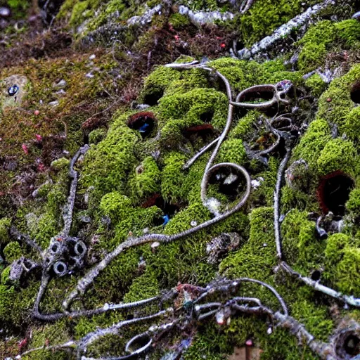Image similar to moss and lichen dotted biomechanical trees growing on junkyard heaps of electronics and automobile scrapyards amongst puddles of glistening oil