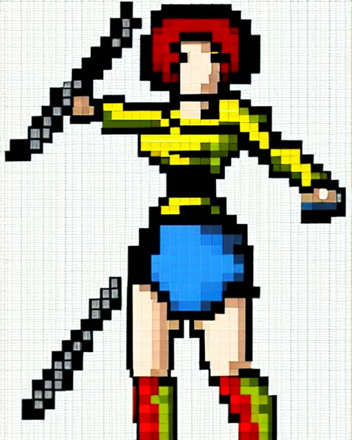 Prompt: a pixel art picture of a woman holding a sword, pixel art by lichtenstein, polycount contest winner, pixel art, isometric 2 d game art, 1 6 bit, dynamic pose, # pixelart