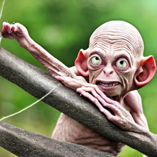 Prompt: Gollum sat on the twine, stretching