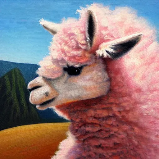 Prompt: fluffy pink alpaca on a cliff, oil painting
