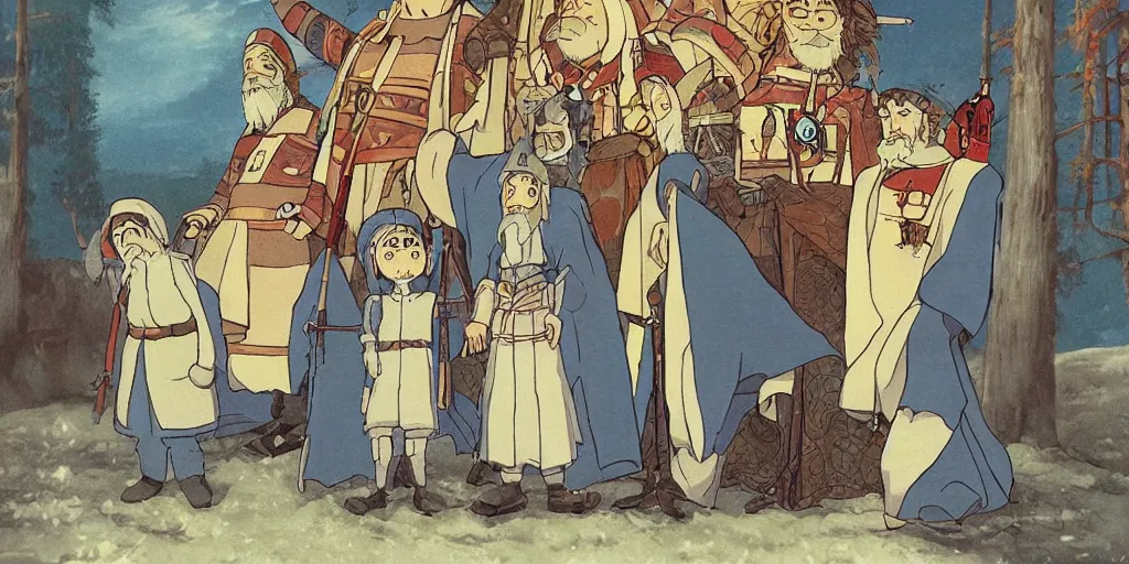 Prompt: Ivan the Terrible and his son anime characters, Ghibli style, Hayao Miyazaki, Kazua Oga