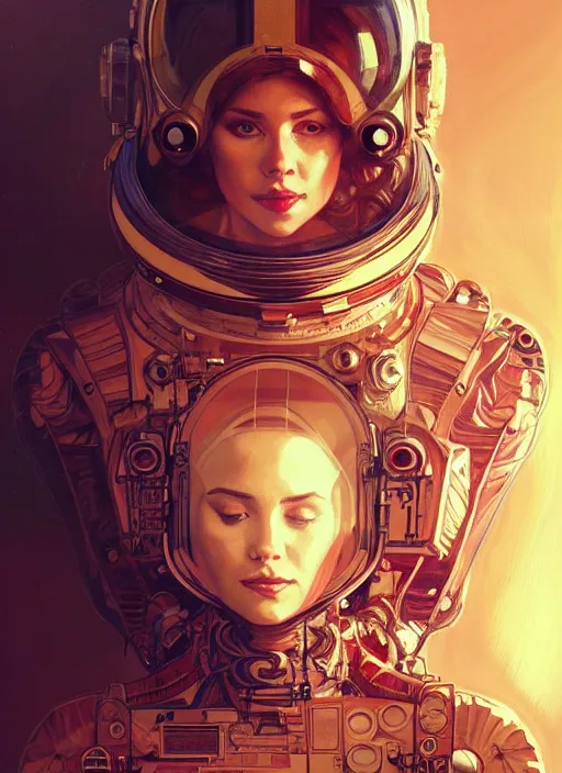 Prompt: psychoslayer, woman astronaut, intricate abstract. being entered by machine, portrait, highly detailed, deep focus, elegant, golden hour, elegant, highly detailed, digital painting, artstation, concept art, smooth, sharp focus, illustration, art by artgerm and greg rutkowski and alphonse mucha