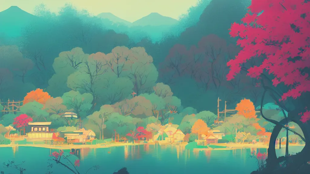 Image similar to japanese village, fruit market, trees, and lake, by anton fadeev